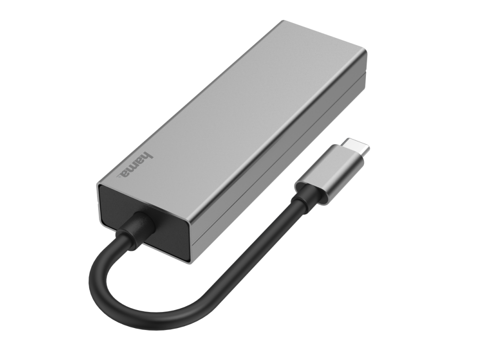 Adaptador USB-C plateado con cable negro y fondo gris.
