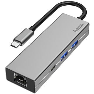 Hub USB/Concentrador - Hama 00200108, LAN, USB Tipo-C, USB 3.2, 100W, Gris