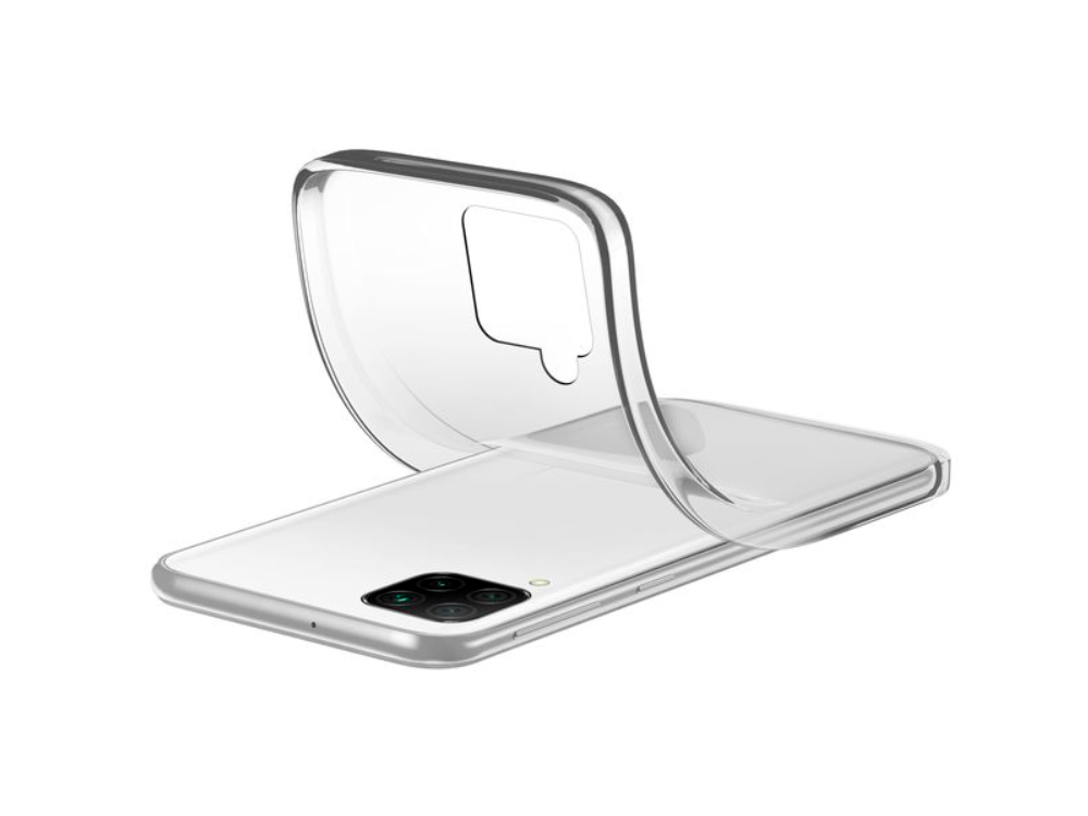 Funda transparente para teléfono sobre un teléfono blanco, sobre fondo blanco.
