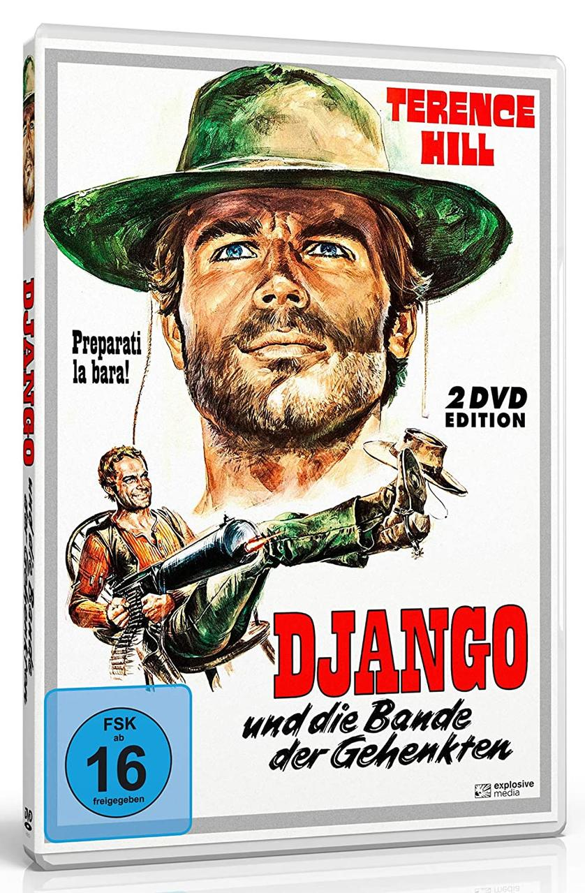 Filmcover: Mann mit grünem Hut, Titel 'Django'. Ein Mann mit Maschinengewehr im Vordergrund.