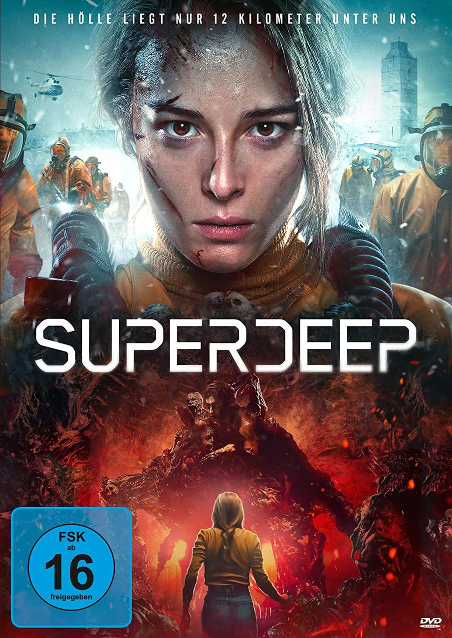 Filmposter für 'Superdeep'. Zeigt eine Frau in einem Schutzanzug und einen dramatischen, feurigen Hintergrund.