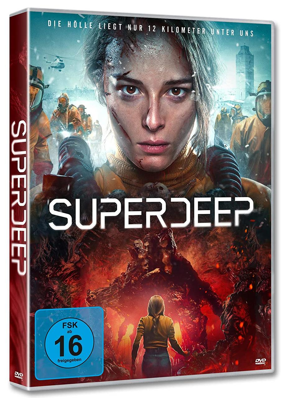 DVD-Cover eines Films. Eine Frau in einem orangefarbenen Anzug ist der Mittelpunkt. Der Titel lautet 'SUPERDEEP'.