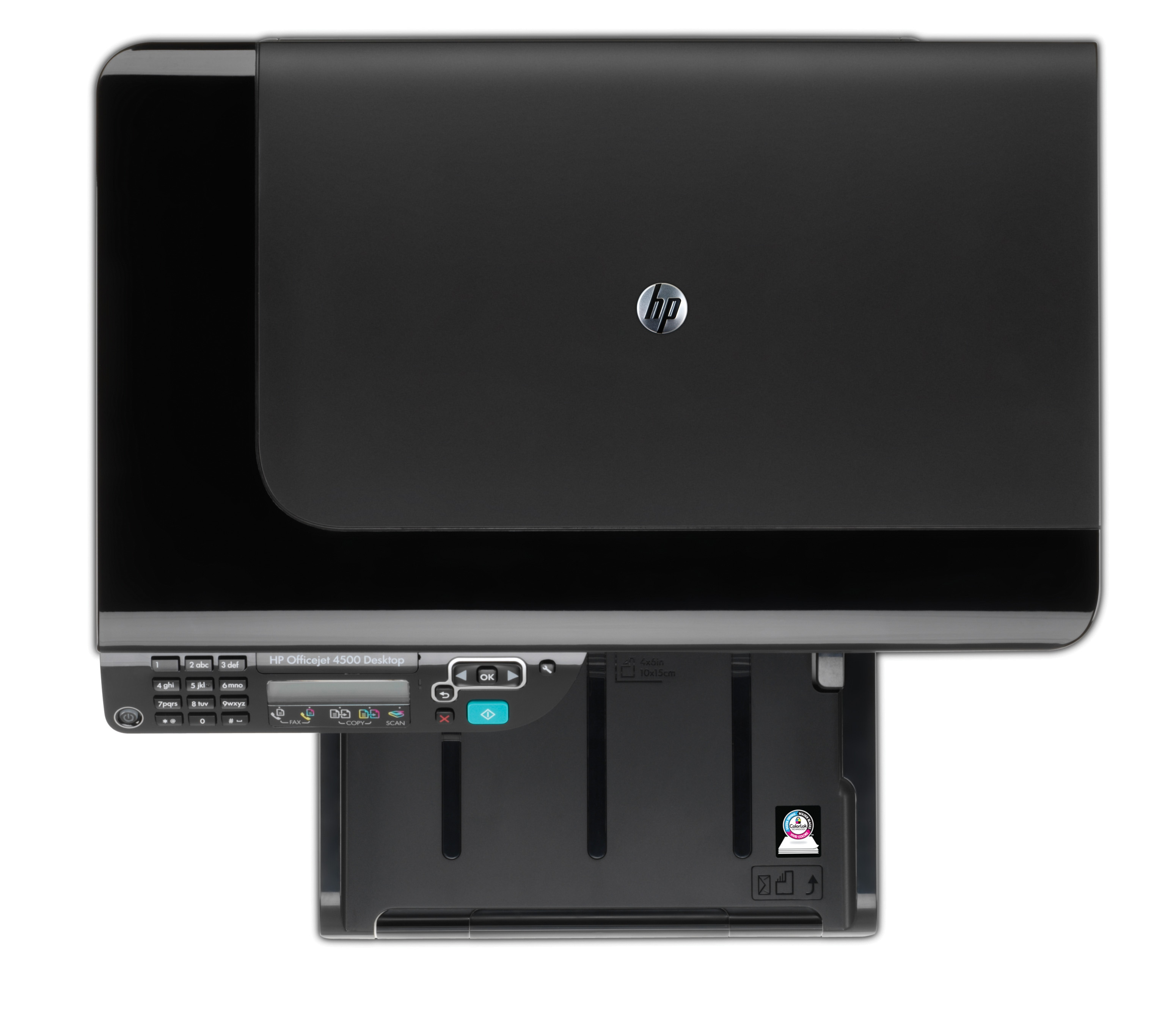 Impresora HP negra, vista superior. Tapa negra, panel de control y bandeja de papel abierta. Fondo blanco.