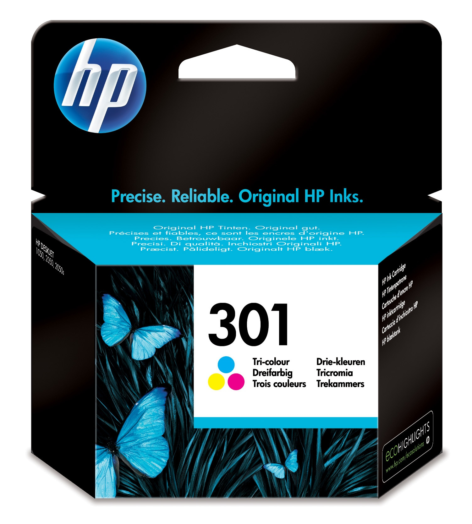 Caja de cartucho de tinta tricolor HP 301 con mariposas y texto.