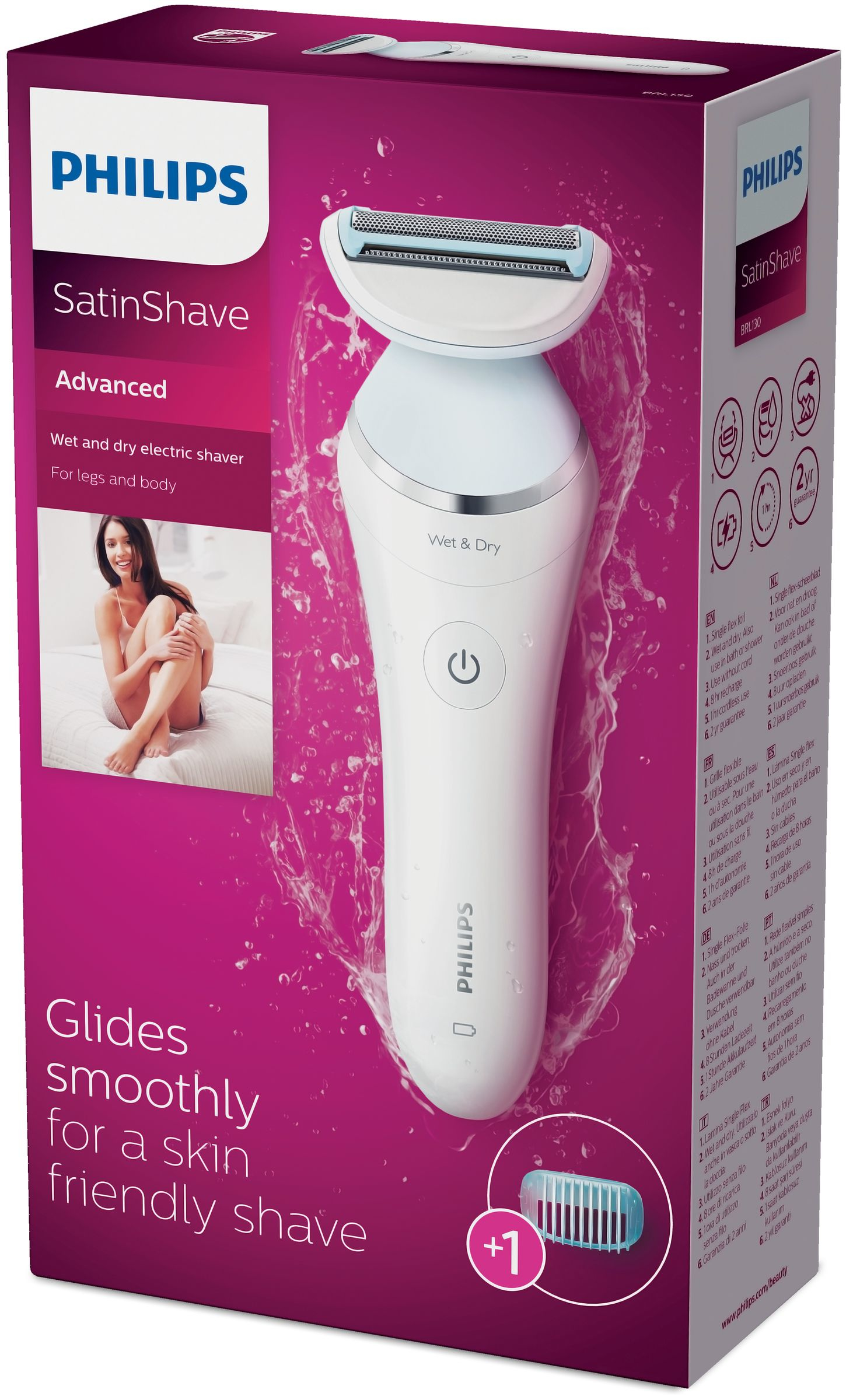 Caja de la afeitadora eléctrica Philips SatinShave Advanced con salpicaduras de agua.