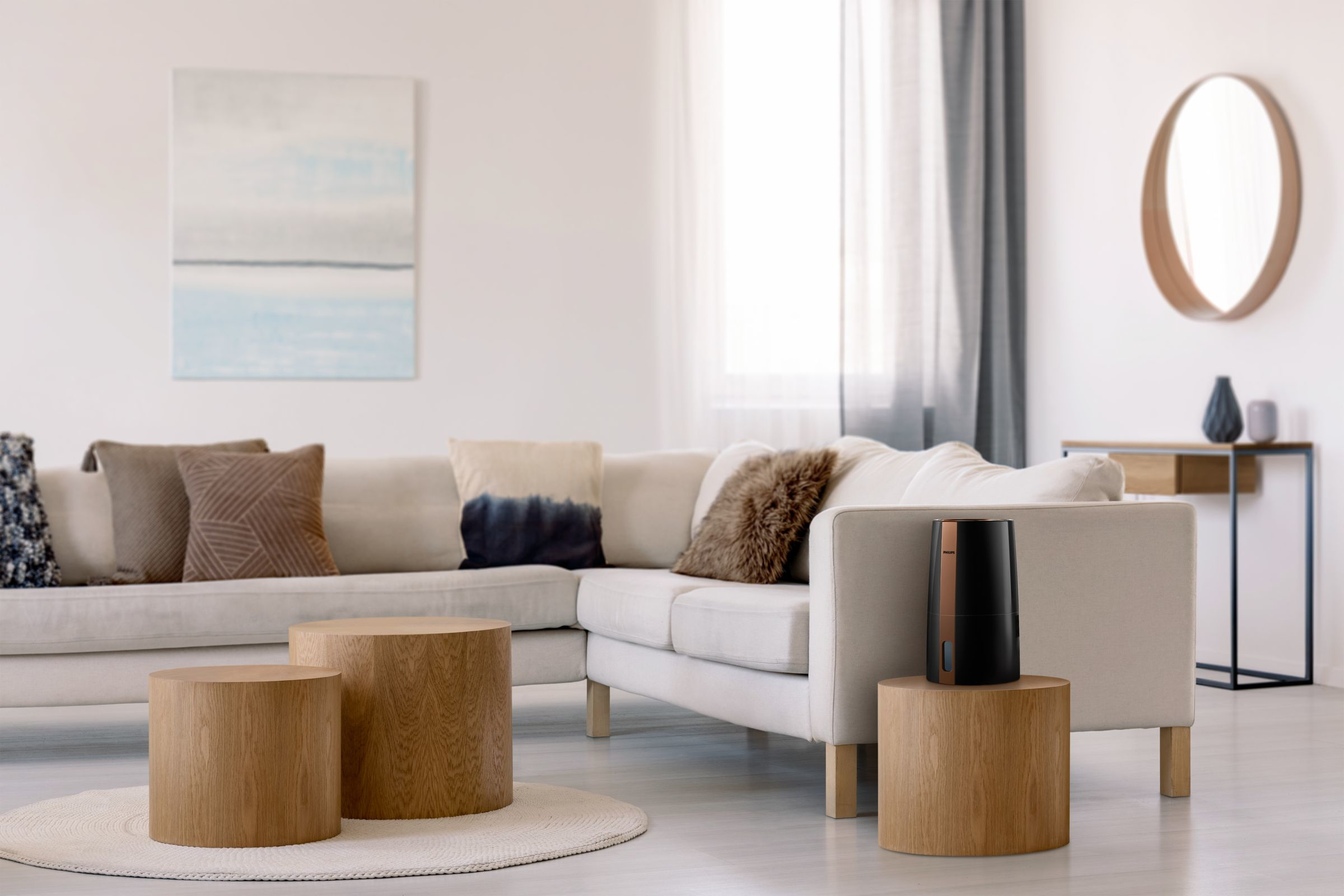 Ein modernes Wohnzimmer mit weißem Sofa, Holztischen und Teppich.