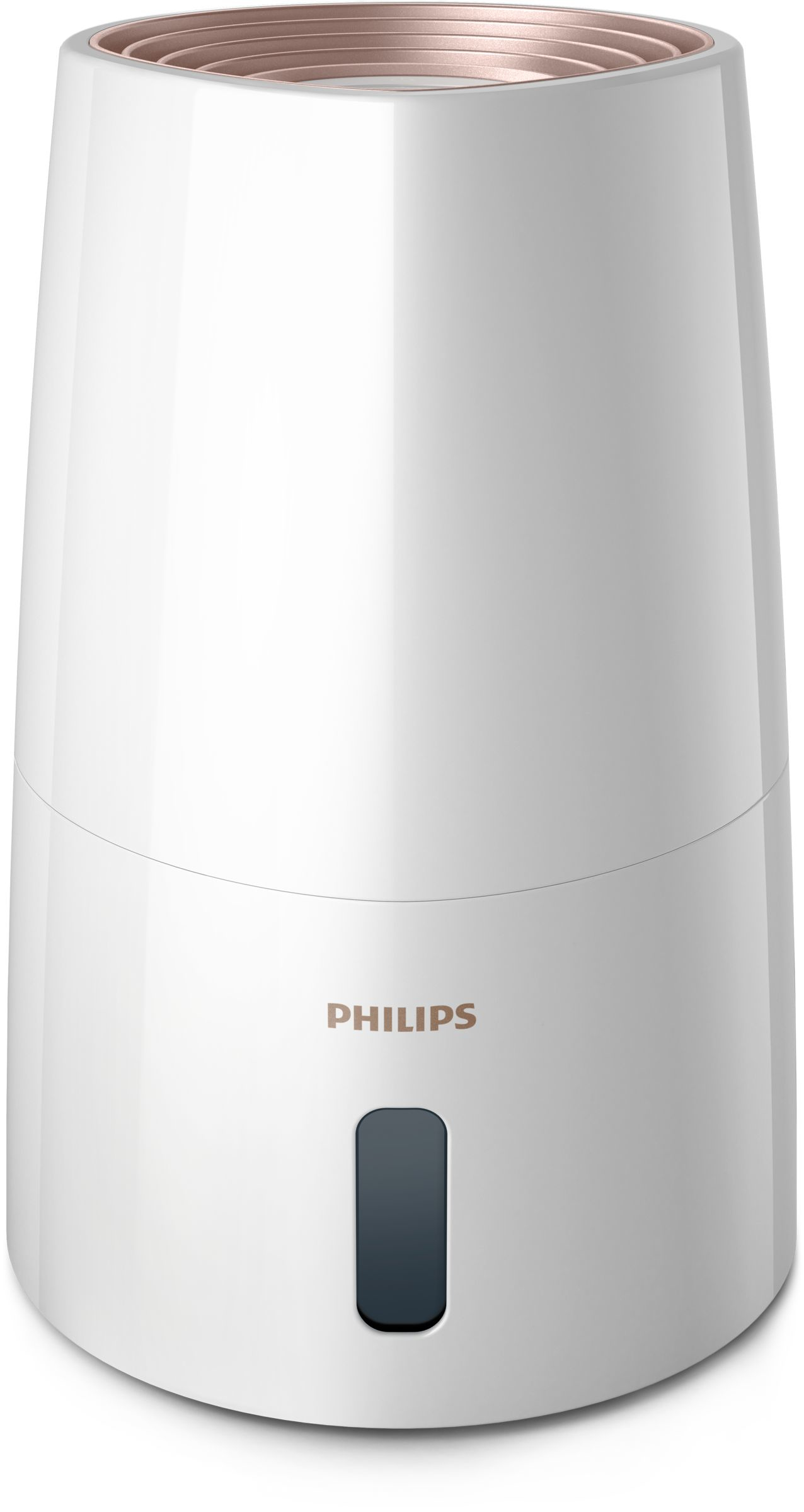 Weißer Philips-Luftbefeuchter mit goldfarbenem oberen Ring.