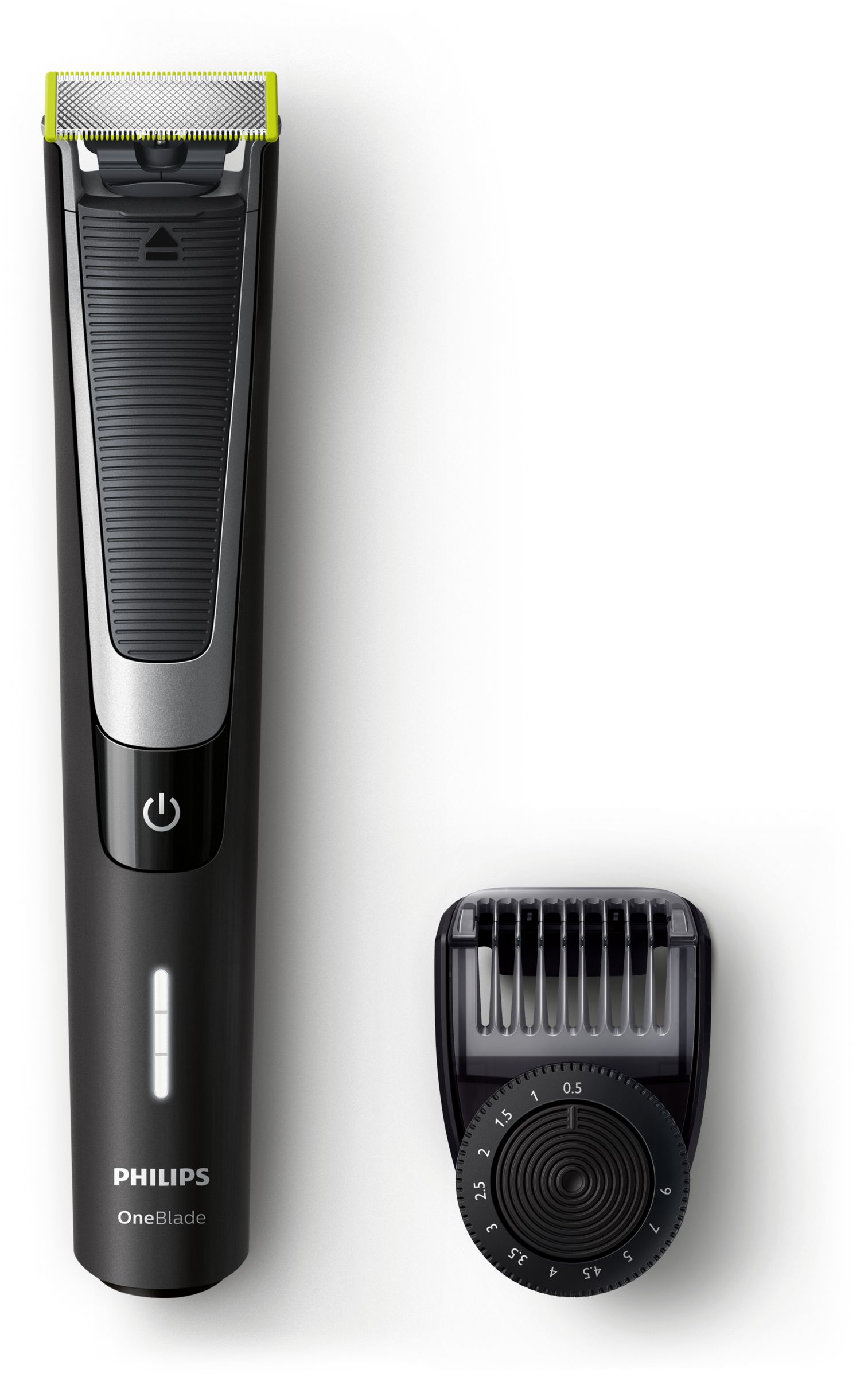Philips OneBlade negro y plateado y peine de recorte sobre fondo blanco.