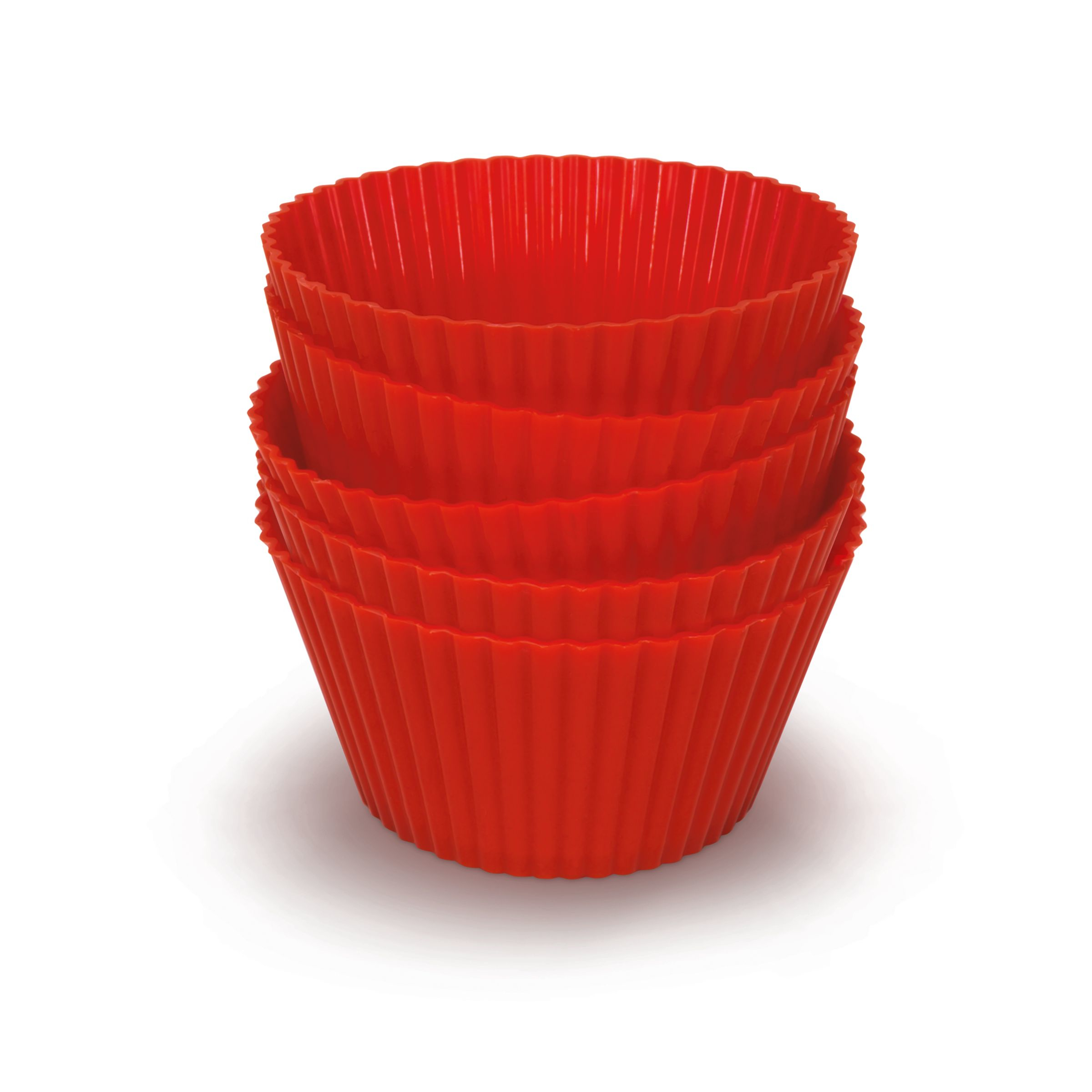 Das Bild zeigt vier rote Silikon-Cupcake-Formen, die übereinander auf einer weißen Oberfläche gestapelt sind.