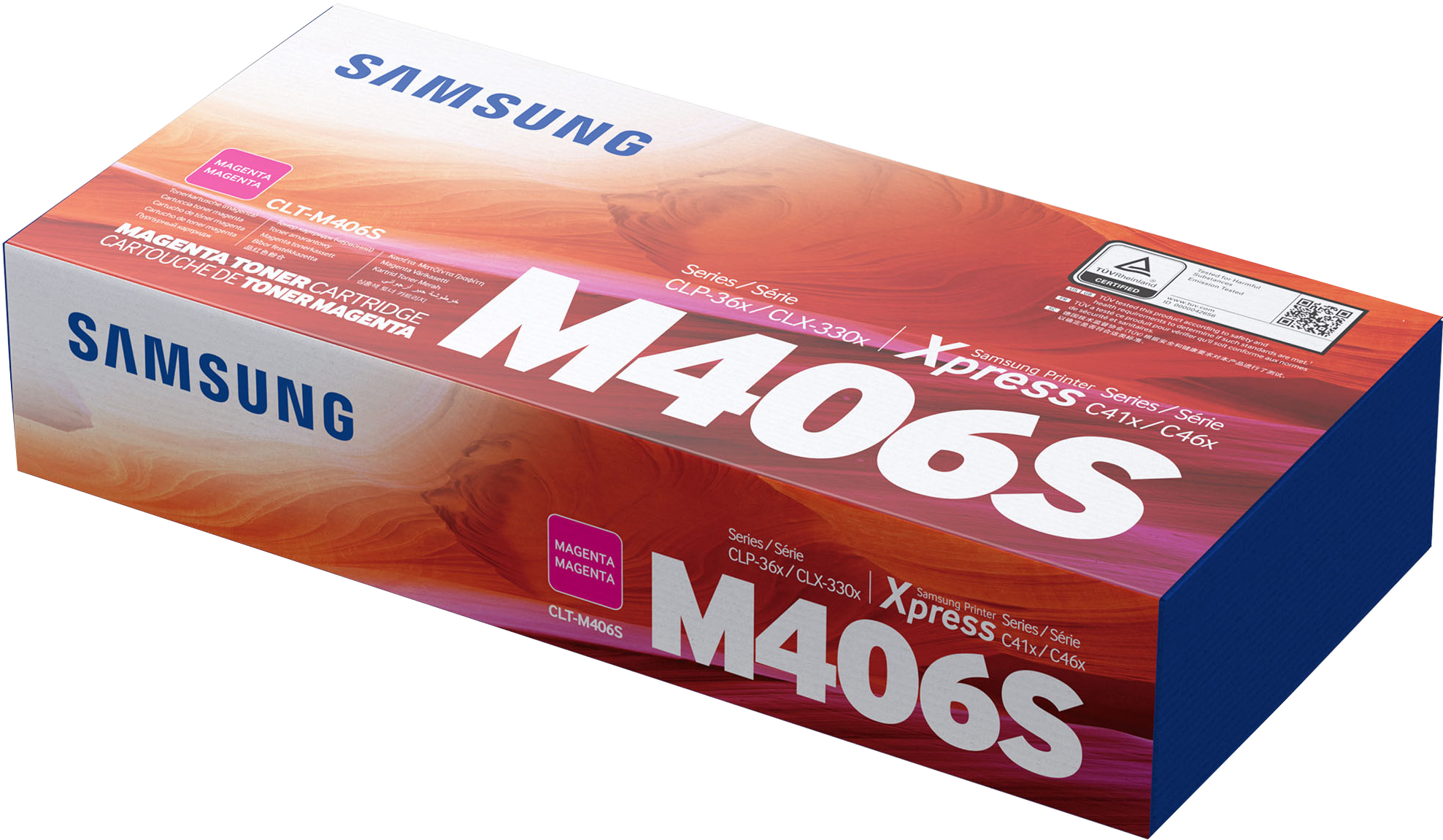 A Samsung toner cartridge box with magenta toner, displaying the product name and series.