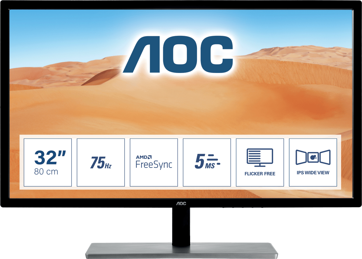 Monitor AOC que muestra una imagen con logotipos y texto.