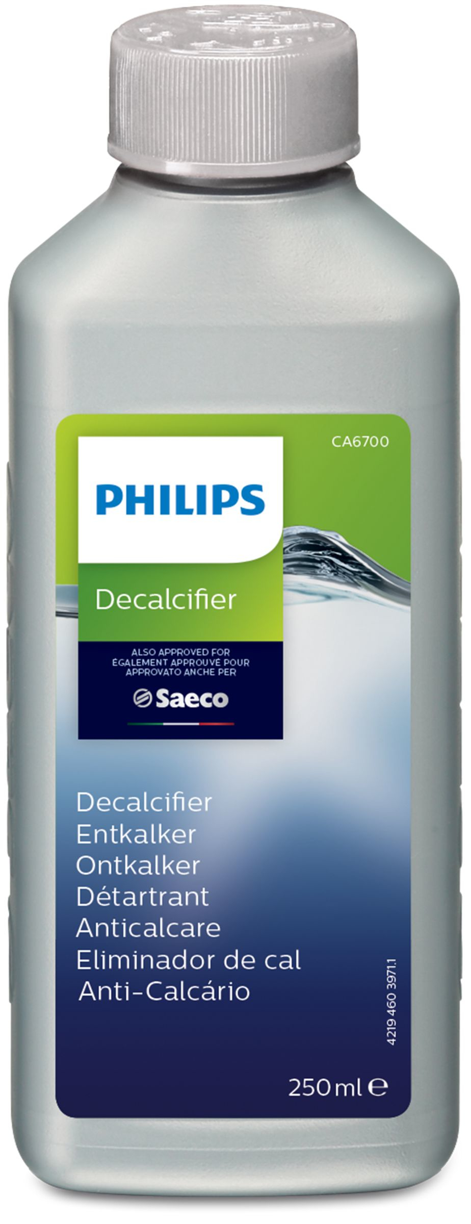 Una botella de descalcificador Philips para Saeco. La etiqueta es blanca, verde y azul.