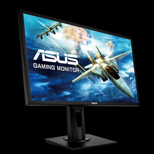 Un monitor de juegos Asus muestra aviones de combate en un cielo nublado sobre un fondo negro.
