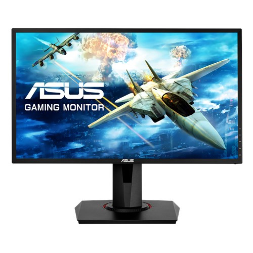 Monitor gaming ASUS que muestra una escena con aviones en el cielo.