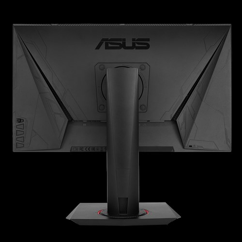 Parte trasera de monitor ASUS negro con logo, soporte y puertos, sobre fondo negro.