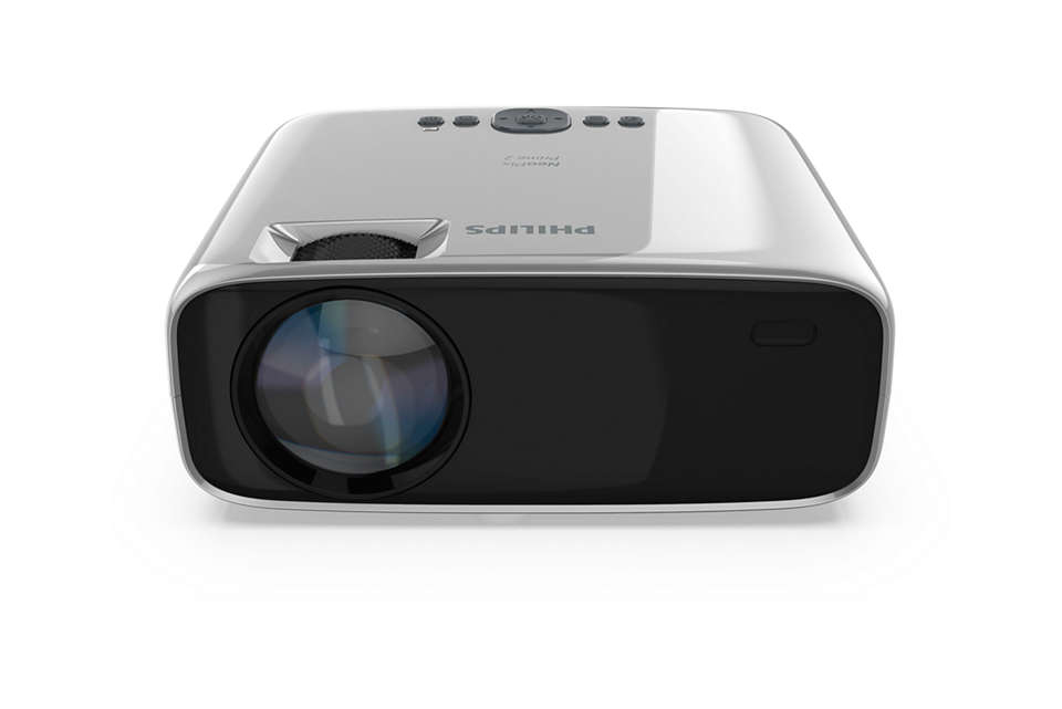 Un proyector blanco con lente negra sobre fondo blanco.
