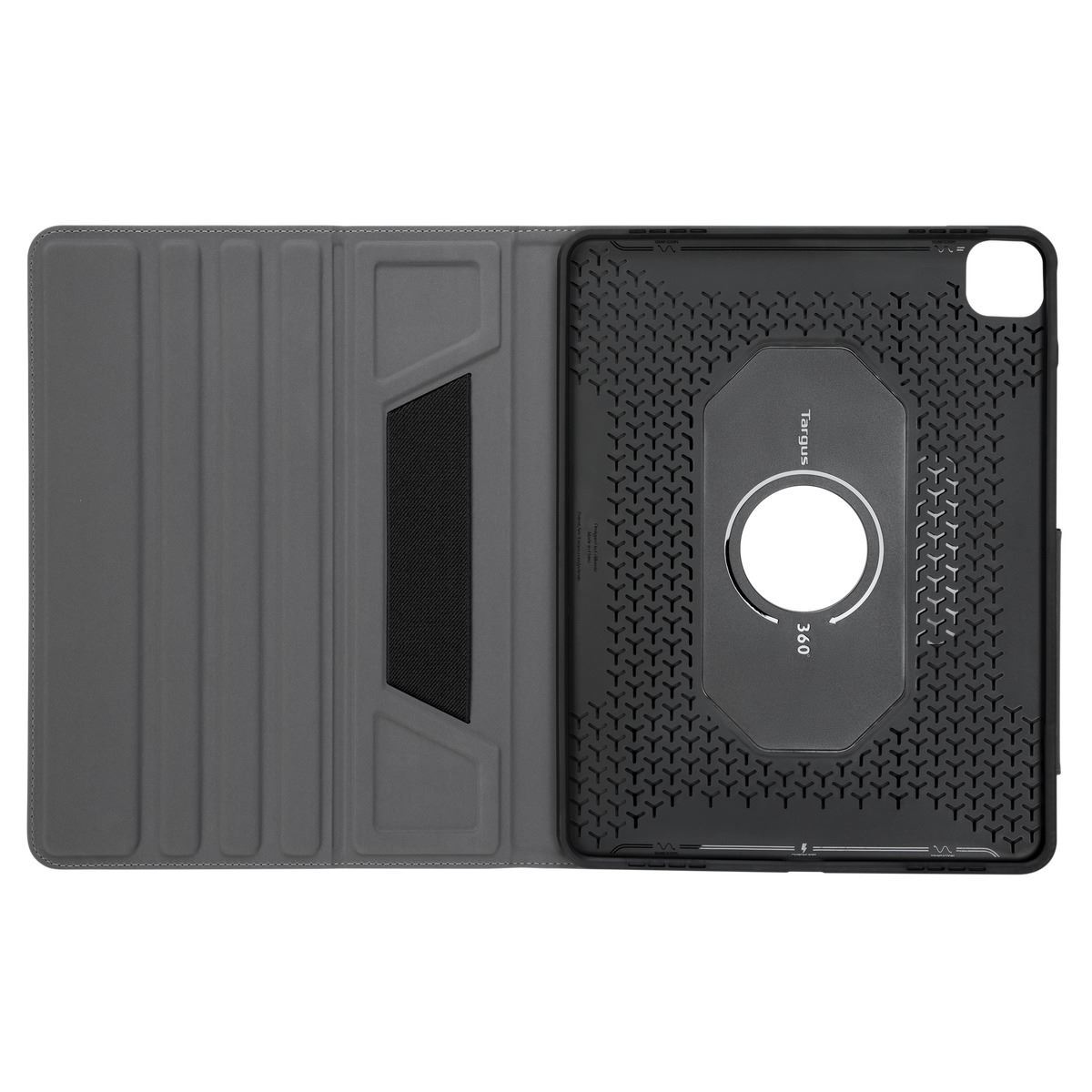 Funda gris para tableta con el logotipo de Targus en el interior.