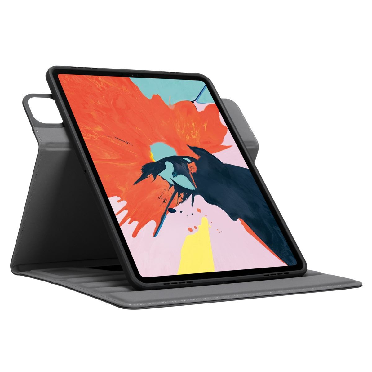 iPad sobre una funda gris, con un fondo de arte abstracto colorido en su pantalla.