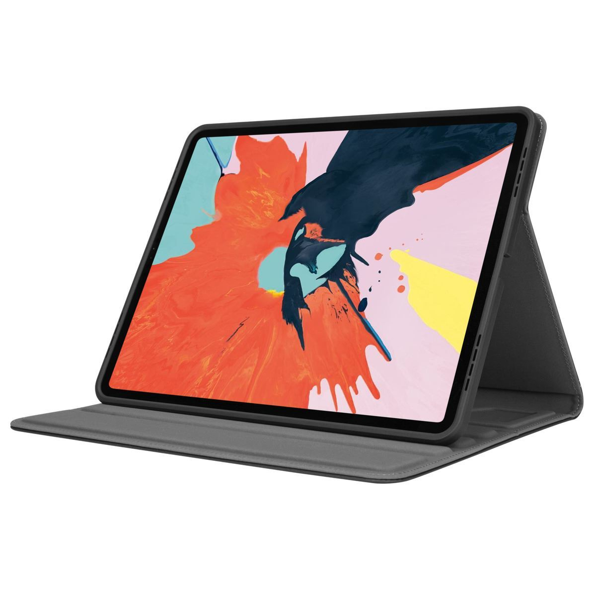 Una tableta en una funda gris, inclinada hacia arriba. La pantalla muestra un diseño abstracto colorido.