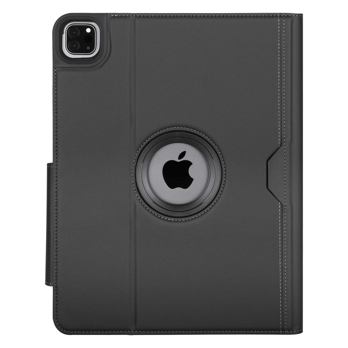 Funda negra para iPad con el logotipo de Apple. La funda tiene un mecanismo giratorio y un recorte para la cámara.