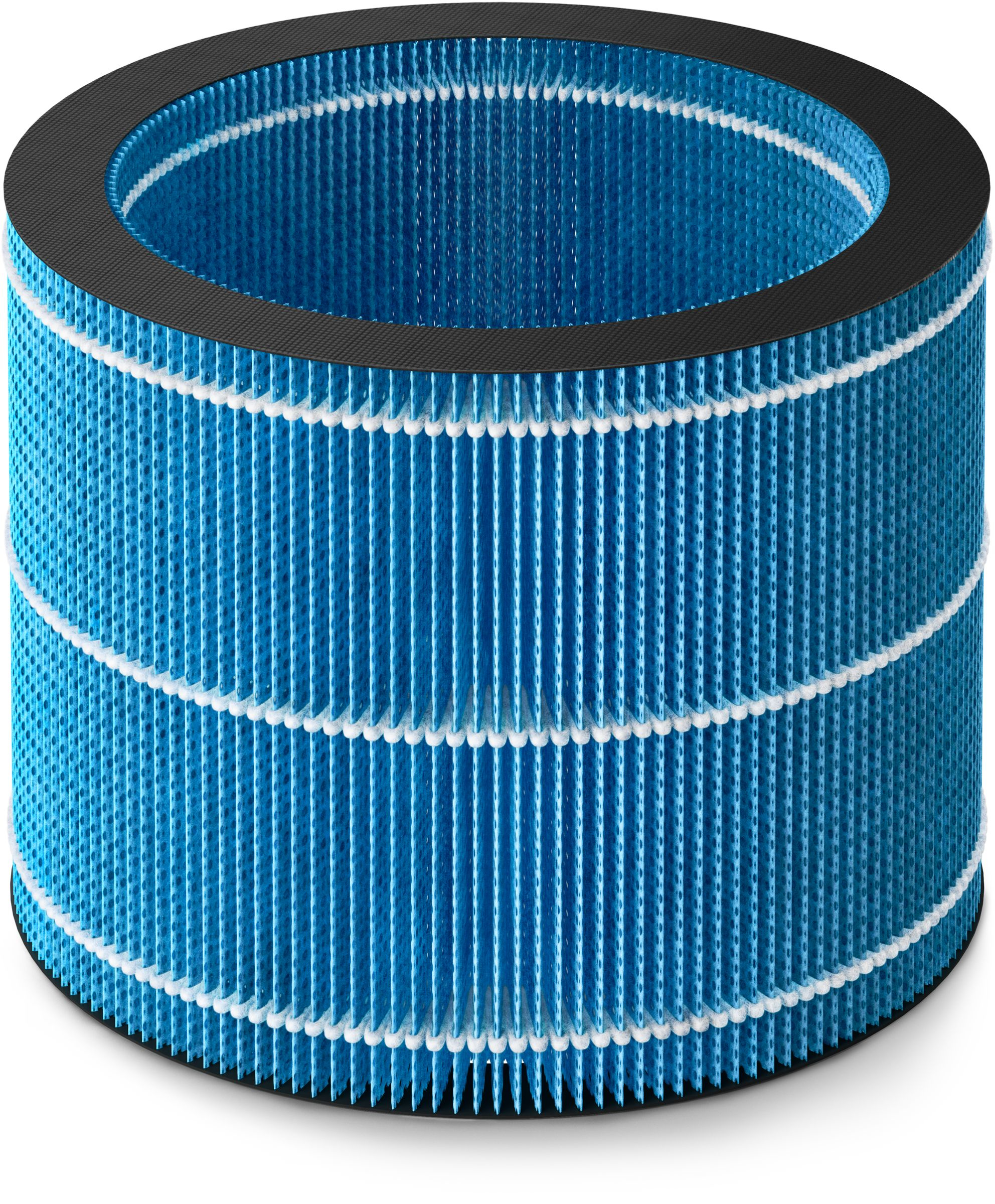 Cylindrical air filter with blue pleated material and white edges. A black frame surrounds it.