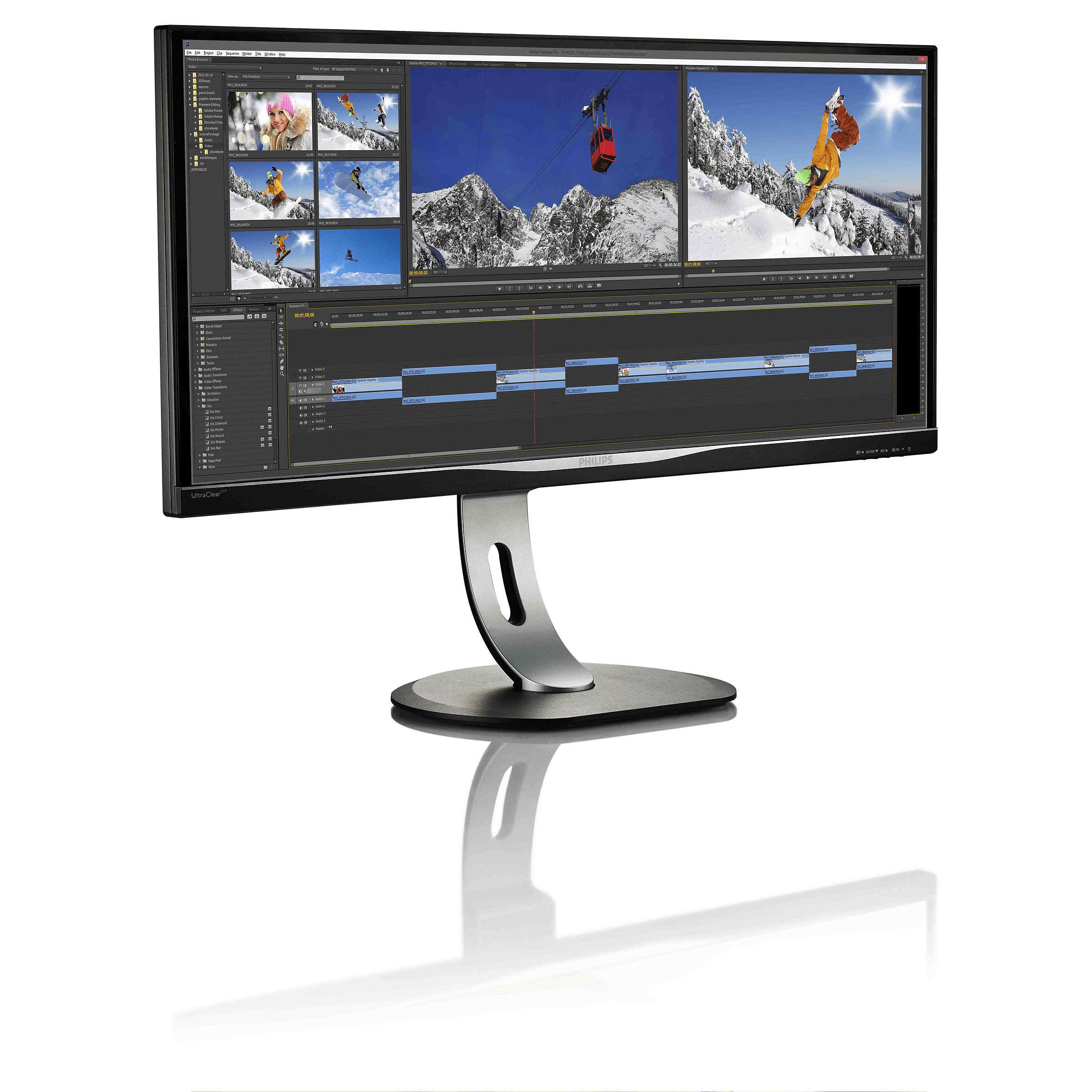 Kayakçıların klipleriyle bir video düzenleme arayüzü gösteren bir bilgisayar monitörü.