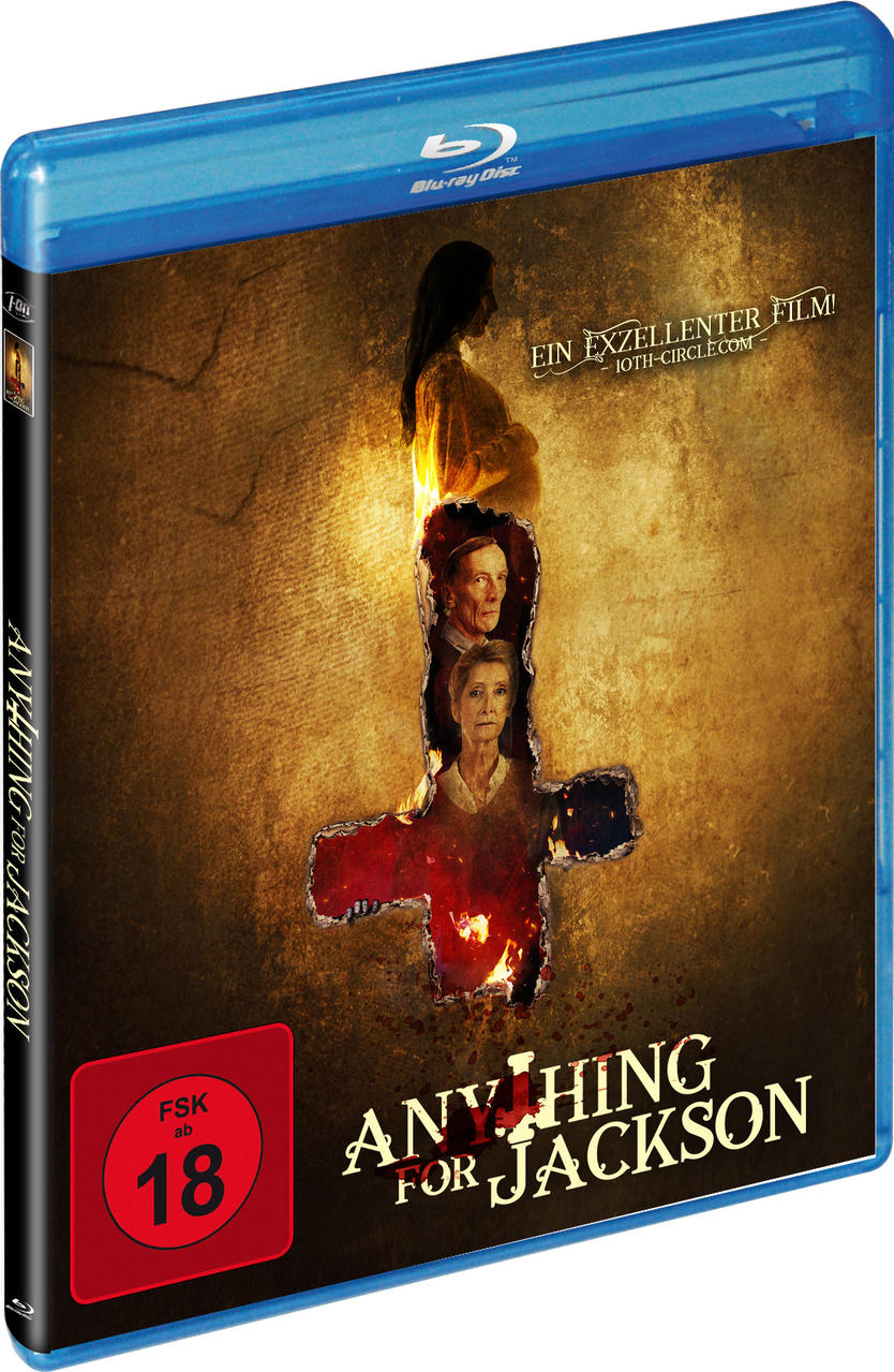 Eine Blu-ray Disc Hülle mit Cover-Art für den Film Anything for Jackson. Es hat ein rotes Symbol.