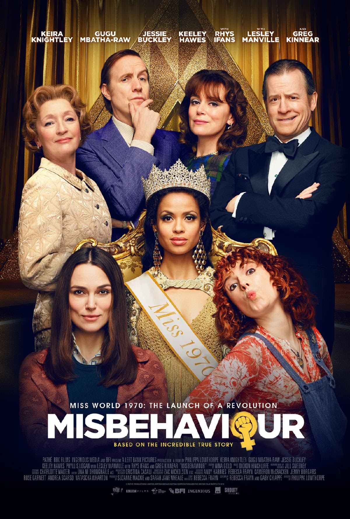 Affiche de film avec plusieurs personnes. Le titre est "Misbehaviour" et le texte est en anglais.