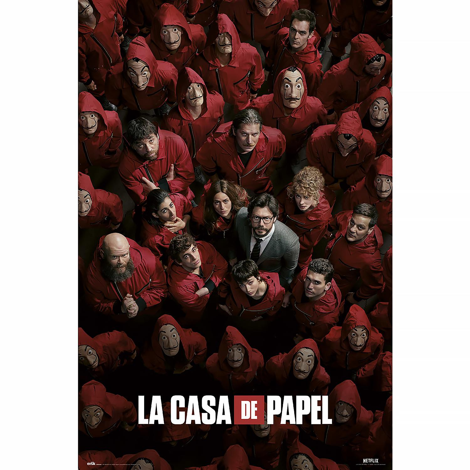 Poster der Serie La Casa de Papel (Haus des Geldes). Viele Menschen tragen rote Overalls und Masken.