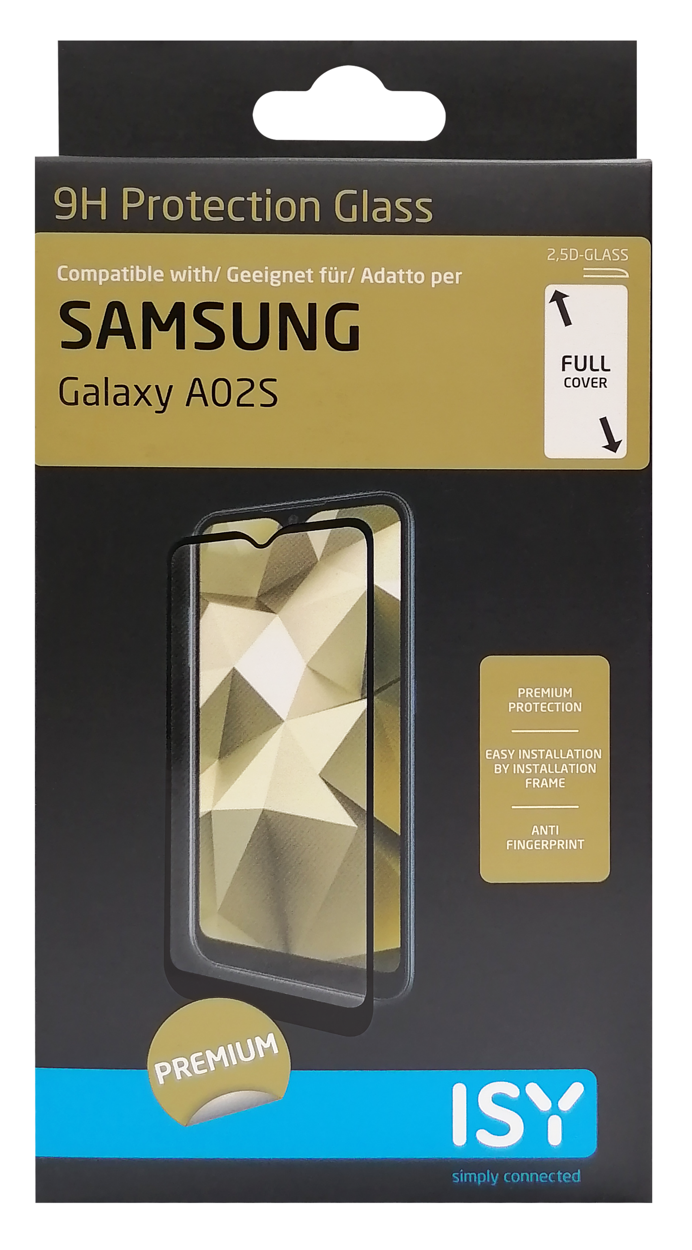 Smartphone-Displayschutzbox für Samsung Galaxy A02s. Zeigt Telefon und Funktionen.