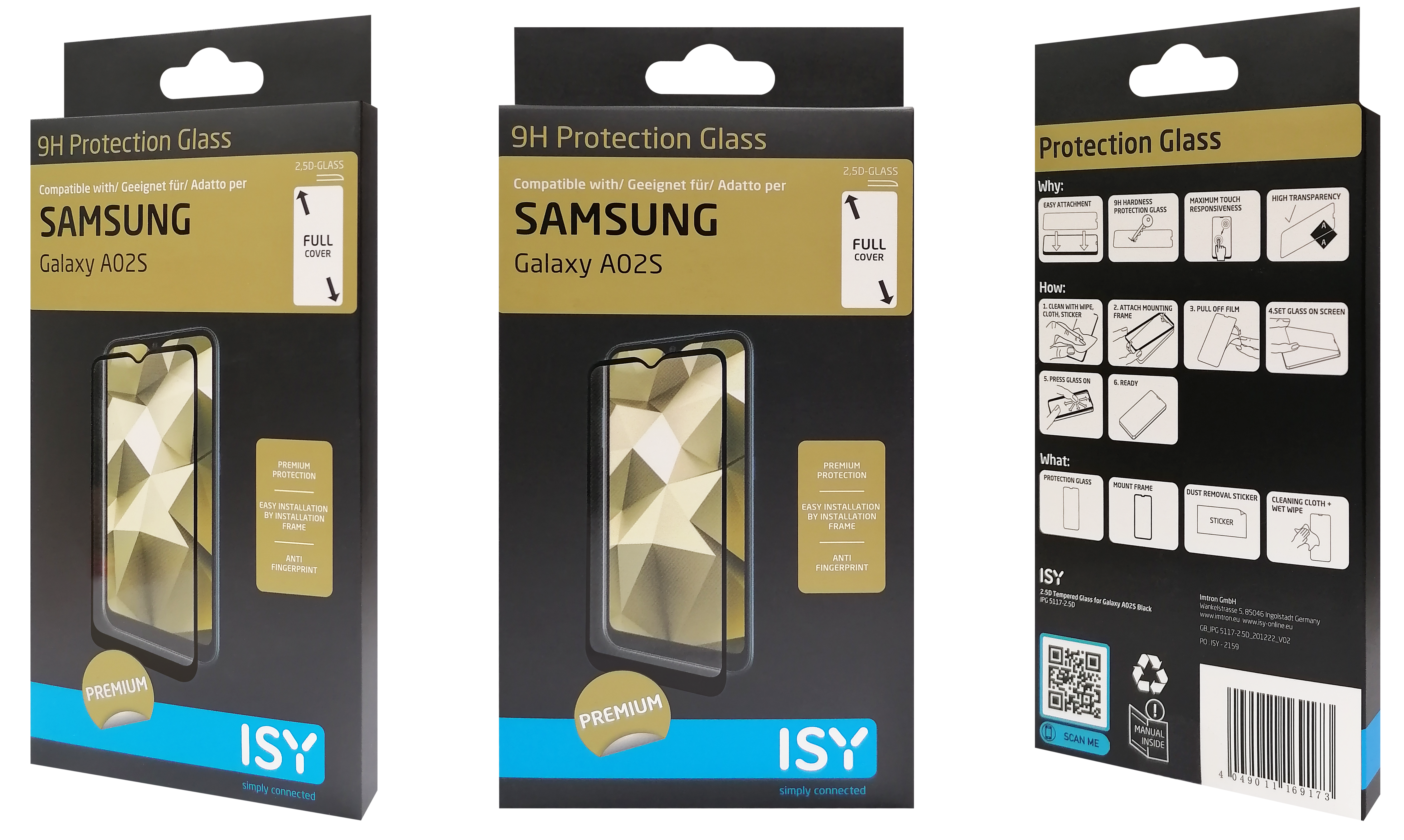 Drei Produktboxen für einen Samsung Galaxy A02s Displayschutz, mit dem Telefonmodell sichtbar.