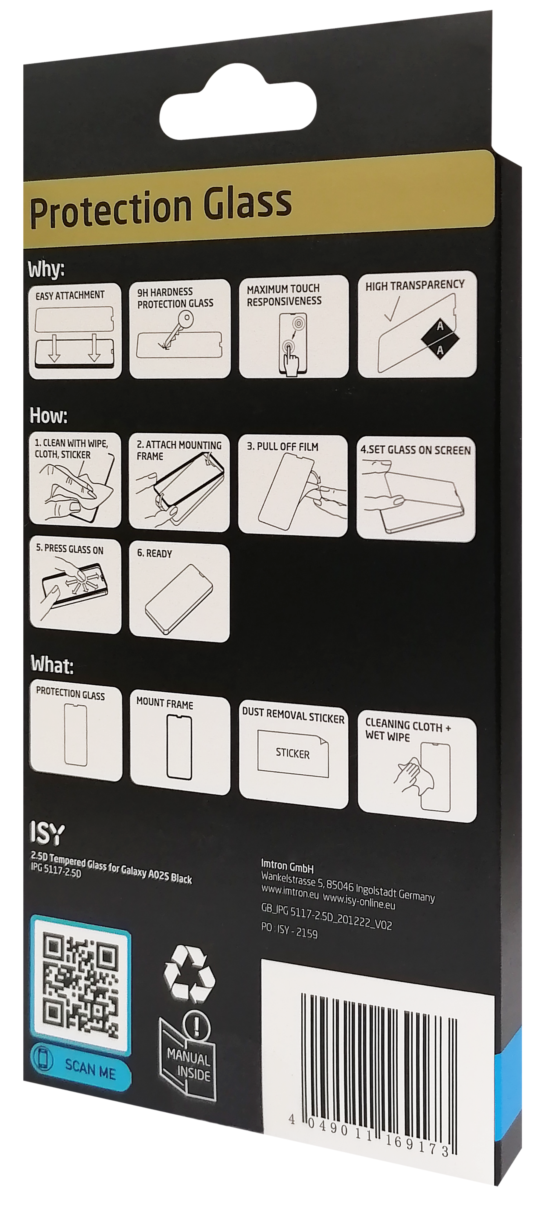 Eine Produktbox mit Schutzglas und Anweisungen auf schwarzem Hintergrund.