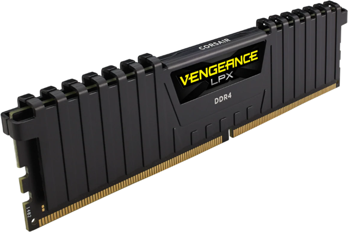 Schwarzer RAM-Riegel mit Corsair- und Vengeance LPX-Logo. Goldkontakte unten. Schwarzer Hintergrund.