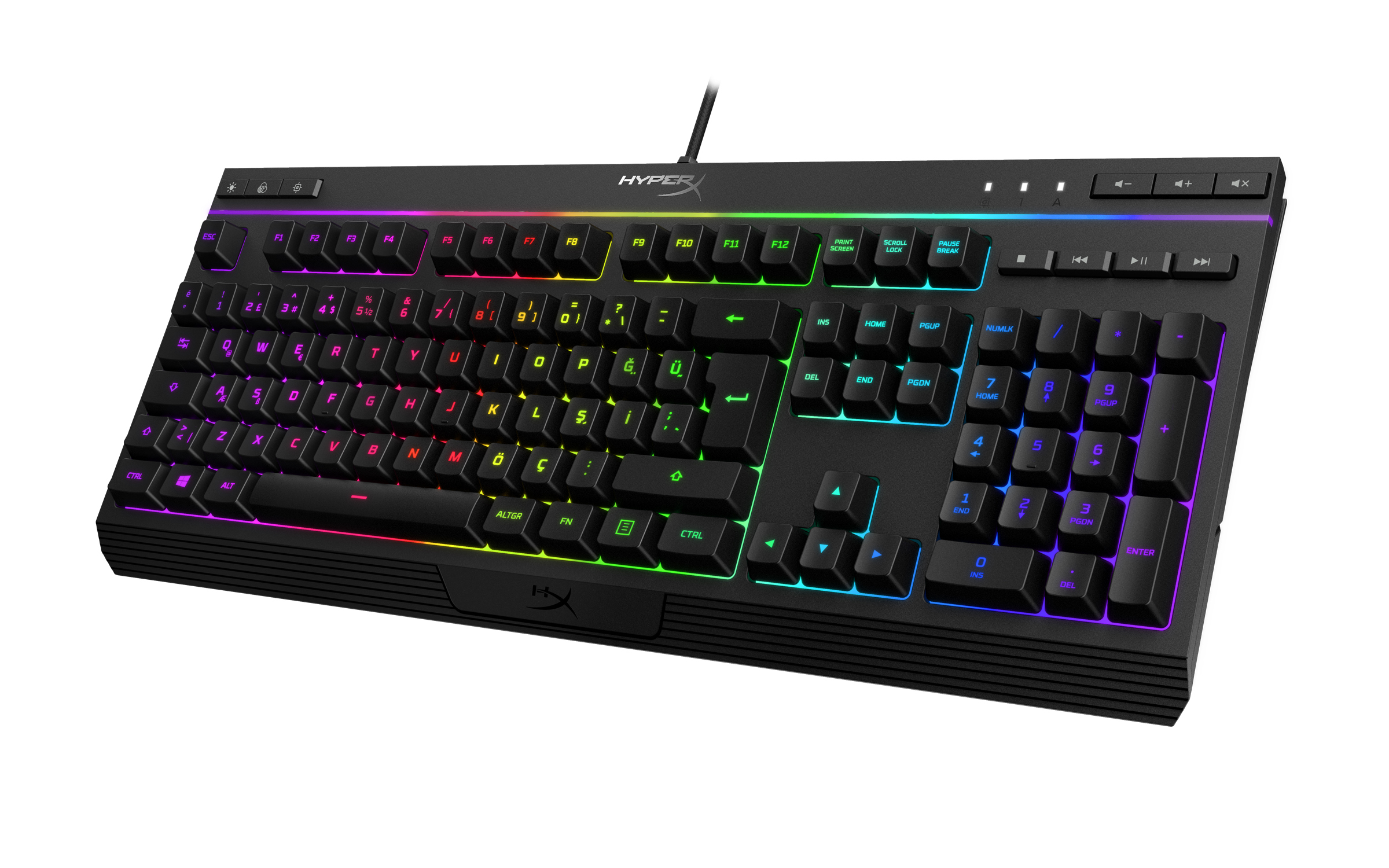 Gökkuşağı tuşlu siyah klavye. HyperX markası. Beyaz zemin.