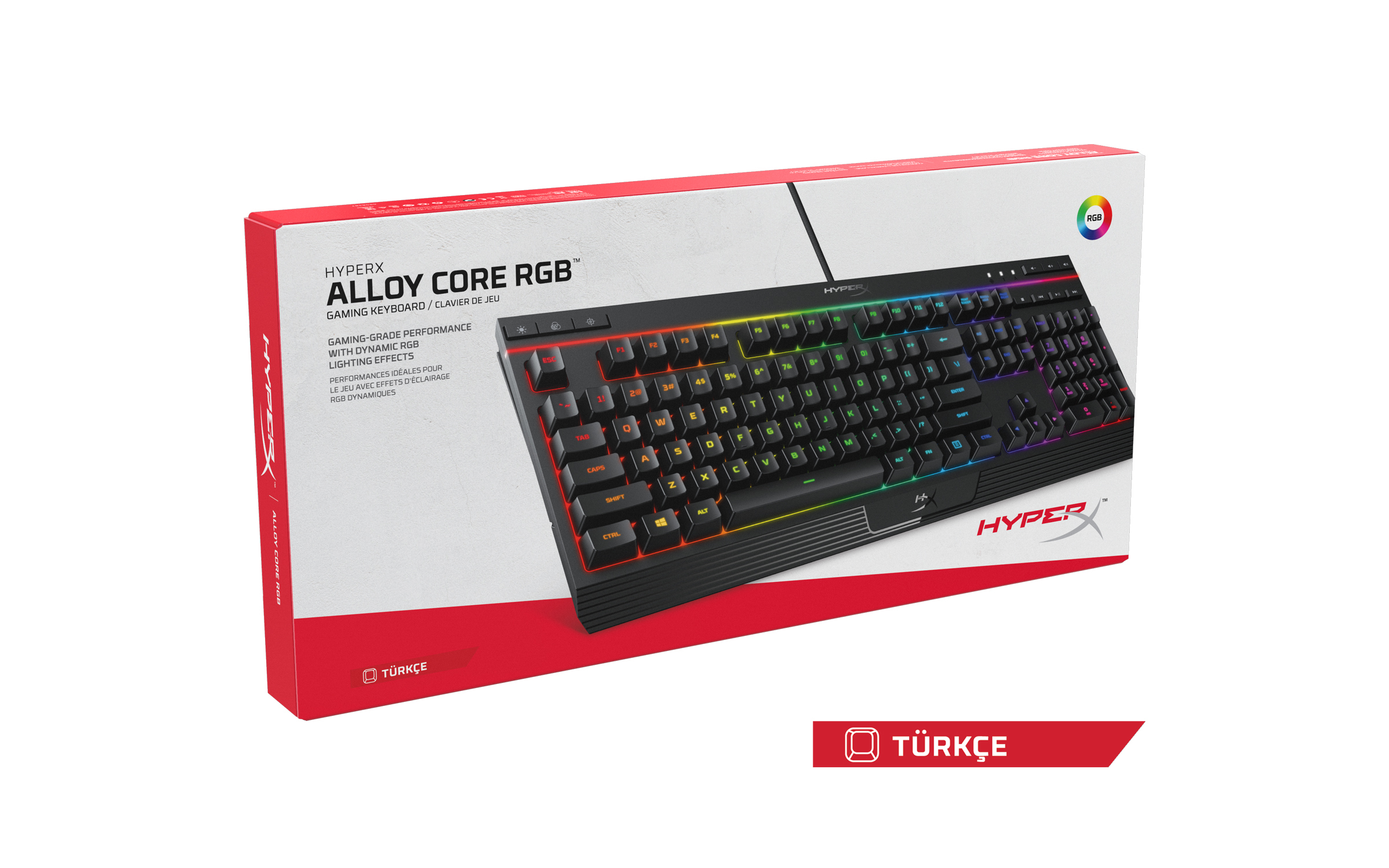 Klavye ekranı ve kırmızı vurgulara sahip HyperX Alloy Core RGB klavye kutusu.