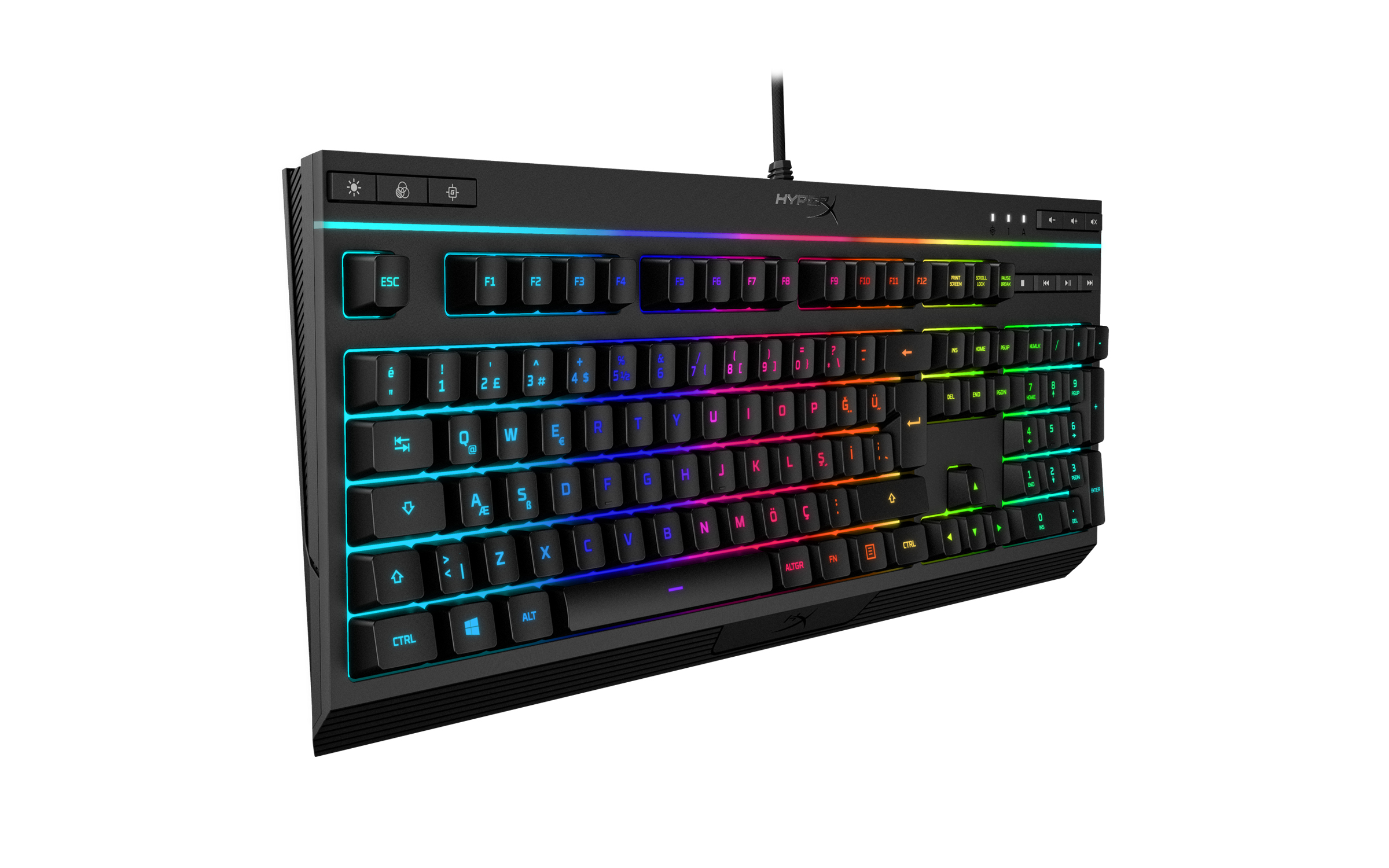 Gökkuşağı renkli tuşlara ve HyperX logosuna sahip siyah oyun klavyesi, beyaz zemin üzerinde.