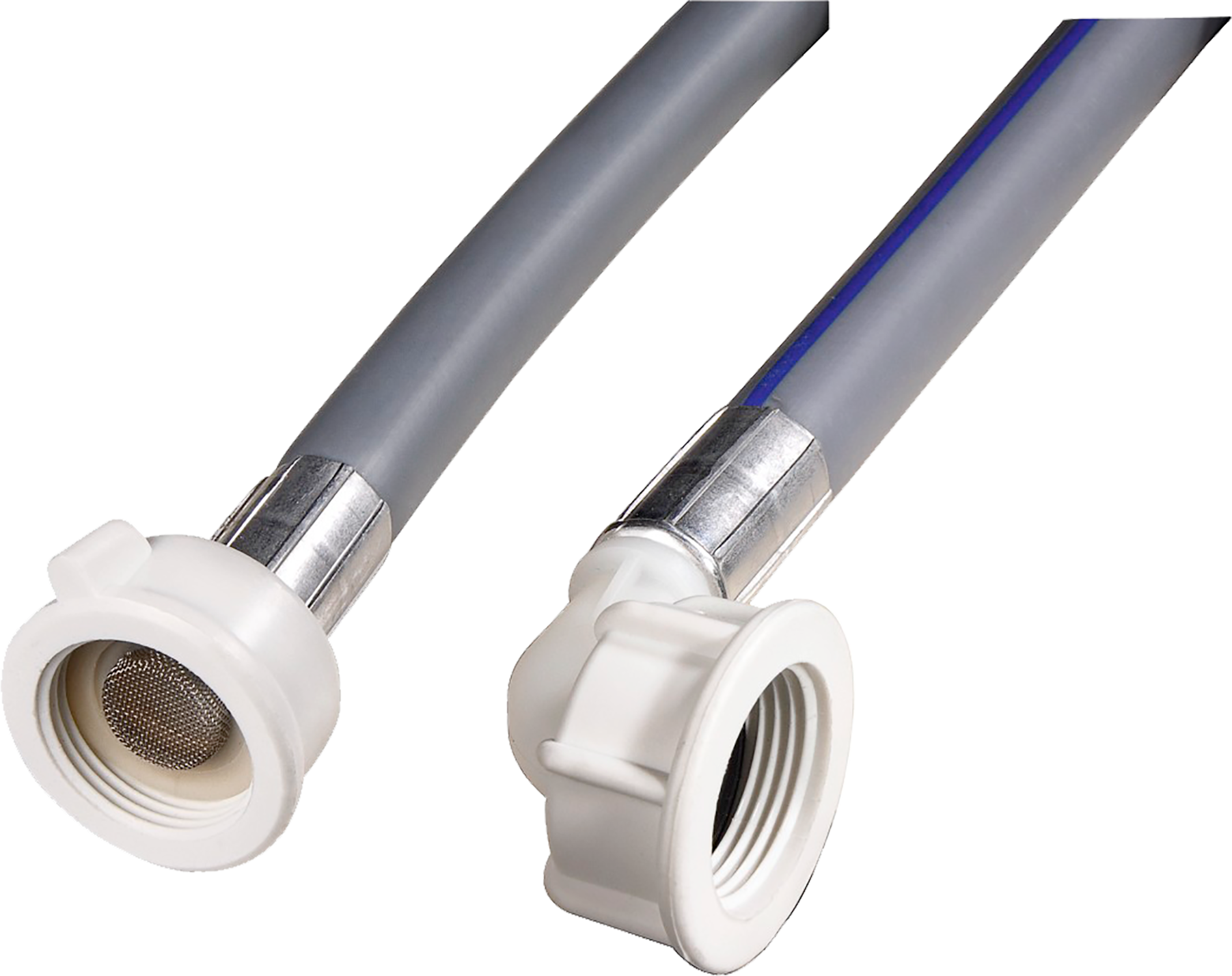 Twee grijze waterslangen met witte connectoren. Eén connector heeft een metalen gaasfilter.
