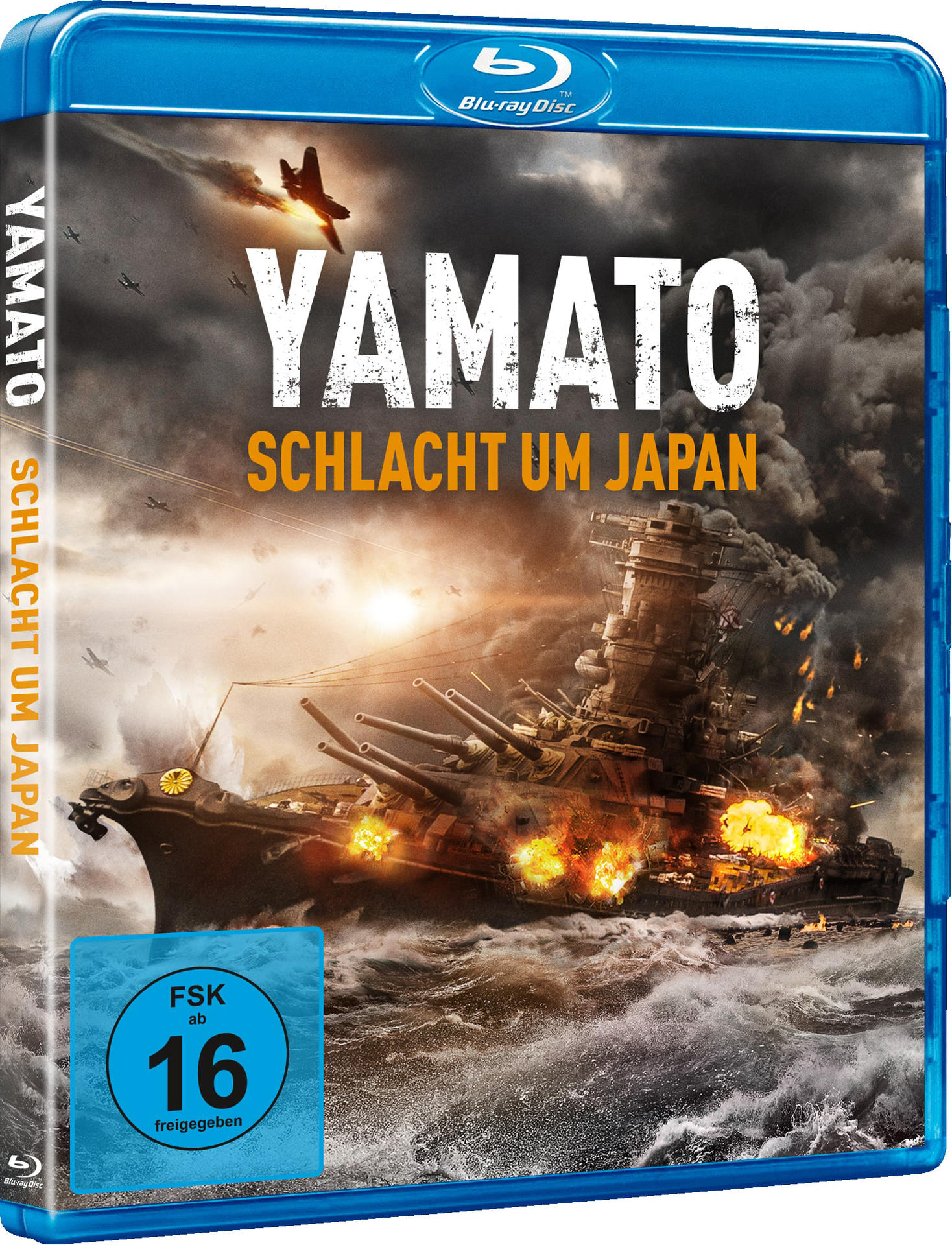 Blu-ray-Filmhülle: Yamato, mit brennendem Schiff, blauem Himmel und japanischem Text.