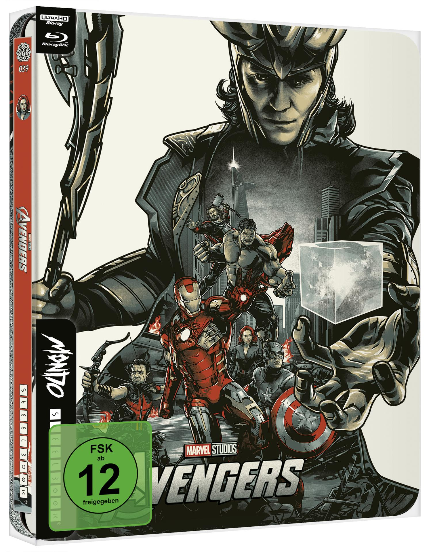 Avengers Blu-ray-Cover mit Loki und anderen Charakteren. Mit einer großen Illustration der Charaktere.