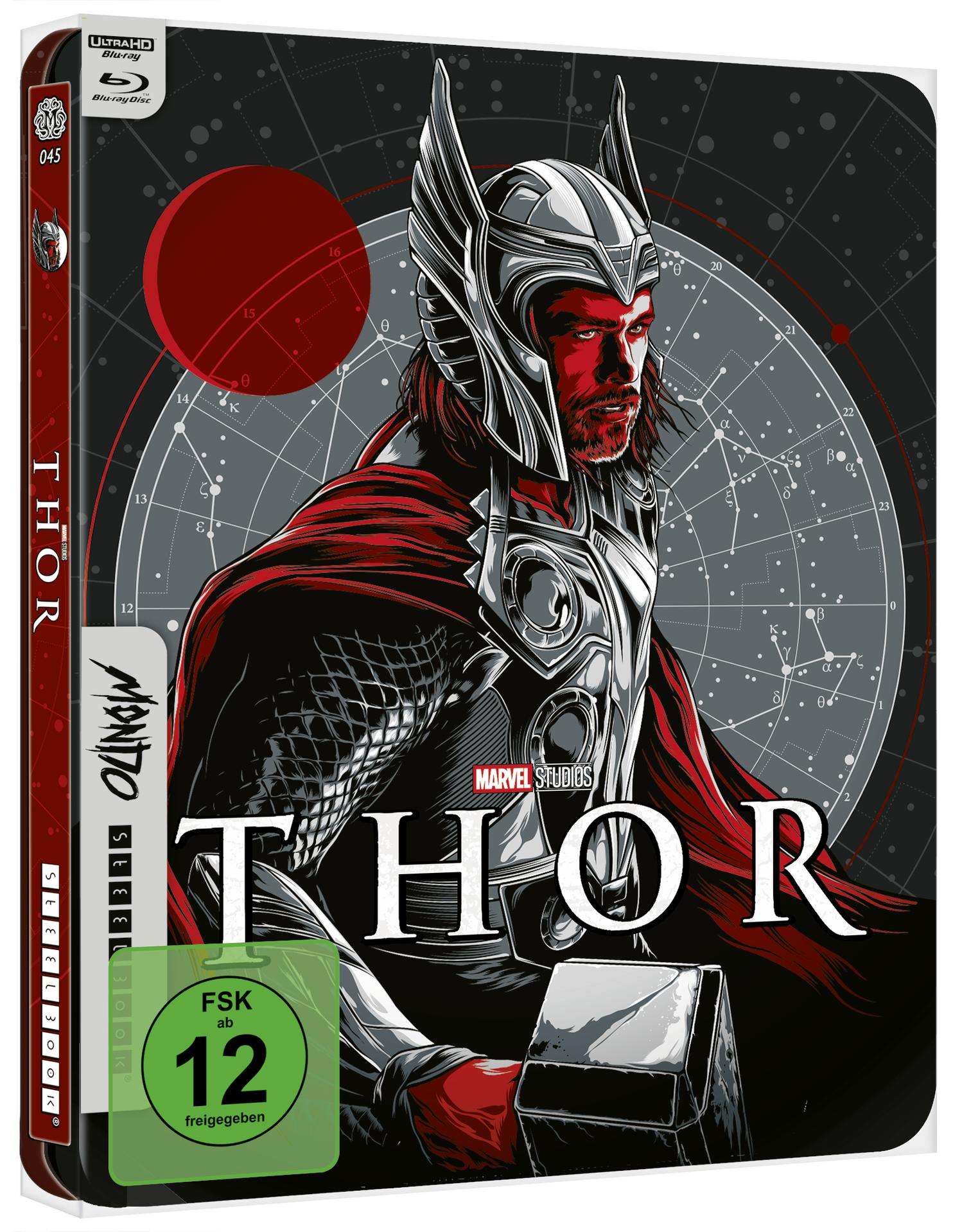 Die Blu-ray-Hülle für Thor, mit Thors Gesicht in Rot und Schwarz mit einem grünen Aufkleber.