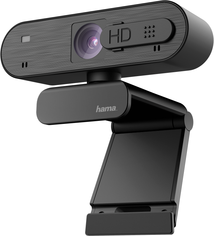 Webcam HD noire avec un ensemble de microphones, un objectif et un support. La webcam est sur un fond noir.
