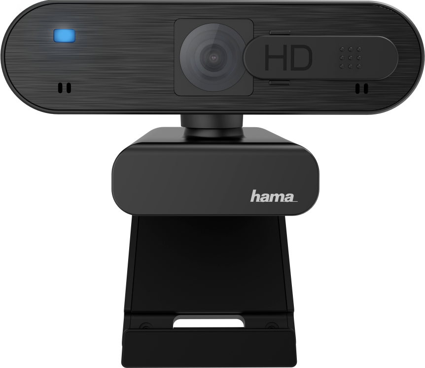 Webcam Hama noire, avec le mot 'hama' et une lumière LED bleue.