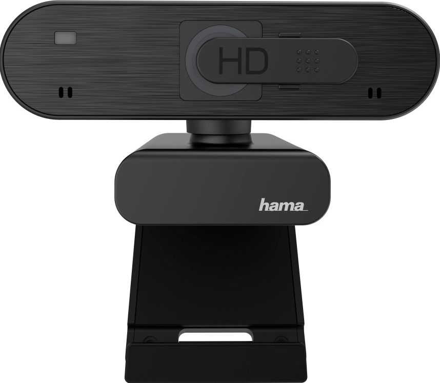 Webcam noire, vue de face, avec la marque 'hama' sur le devant.