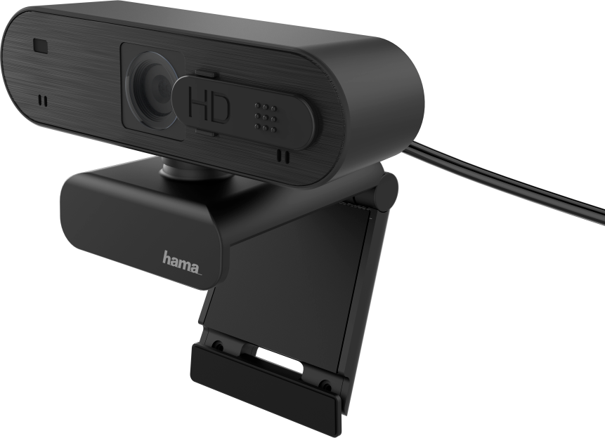 Webcam HD noire sur fond noir. La webcam est inclinée, montrant l'objectif et le réseau de microphones.