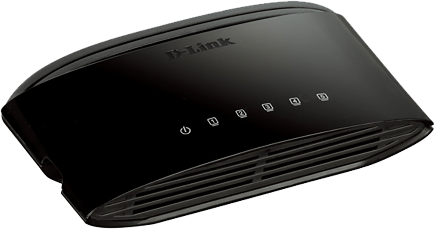 Fekete D-Link 5 portos hálózati kapcsoló, 5 számozott fénnyel és bekapcsológombbal.