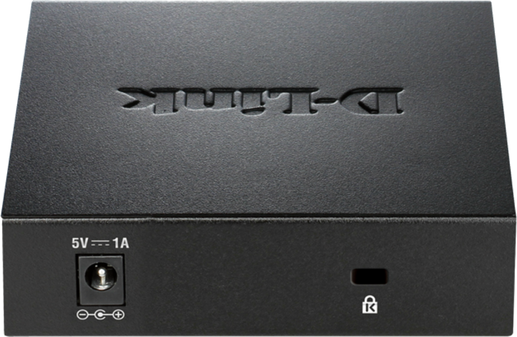 D-Link hálózati adapter, felülnézet, fekete, részletekkel.