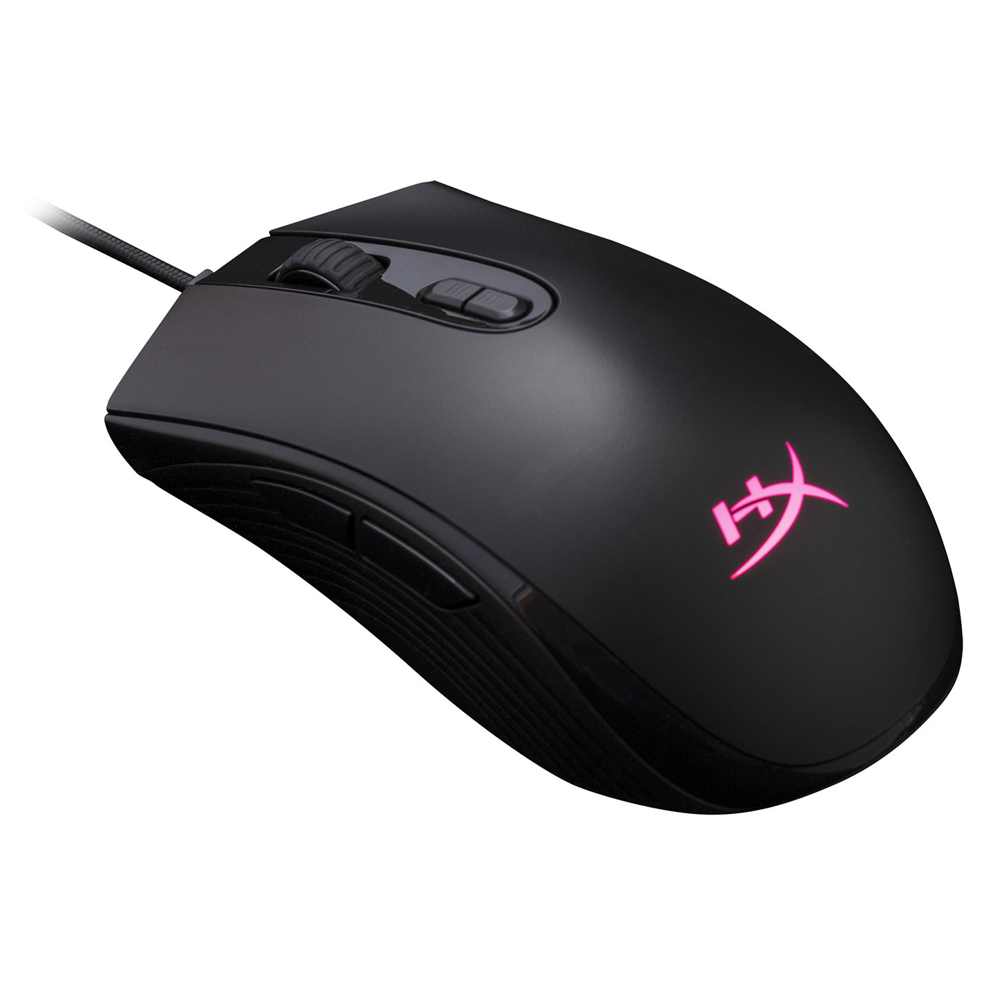 Pembe logo ve düğmelere sahip siyah HyperX oyun faresi, beyaz arka planda.