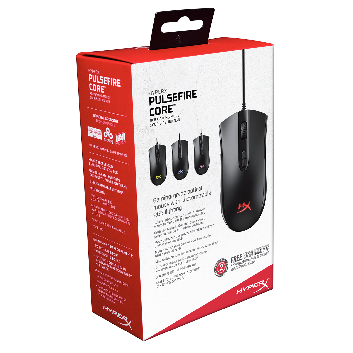 Üzerinde fare illüstrasyonu bulunan HyperX Pulsefire Core oyun faresi kutusu.