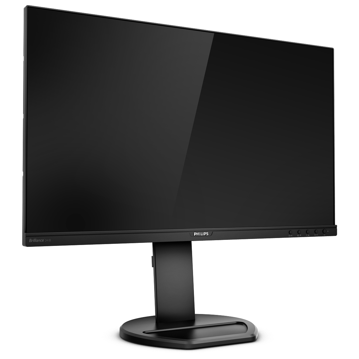Bir stand üzerinde siyah bilgisayar monitörü. Marka: Philips. Parlak ekran.