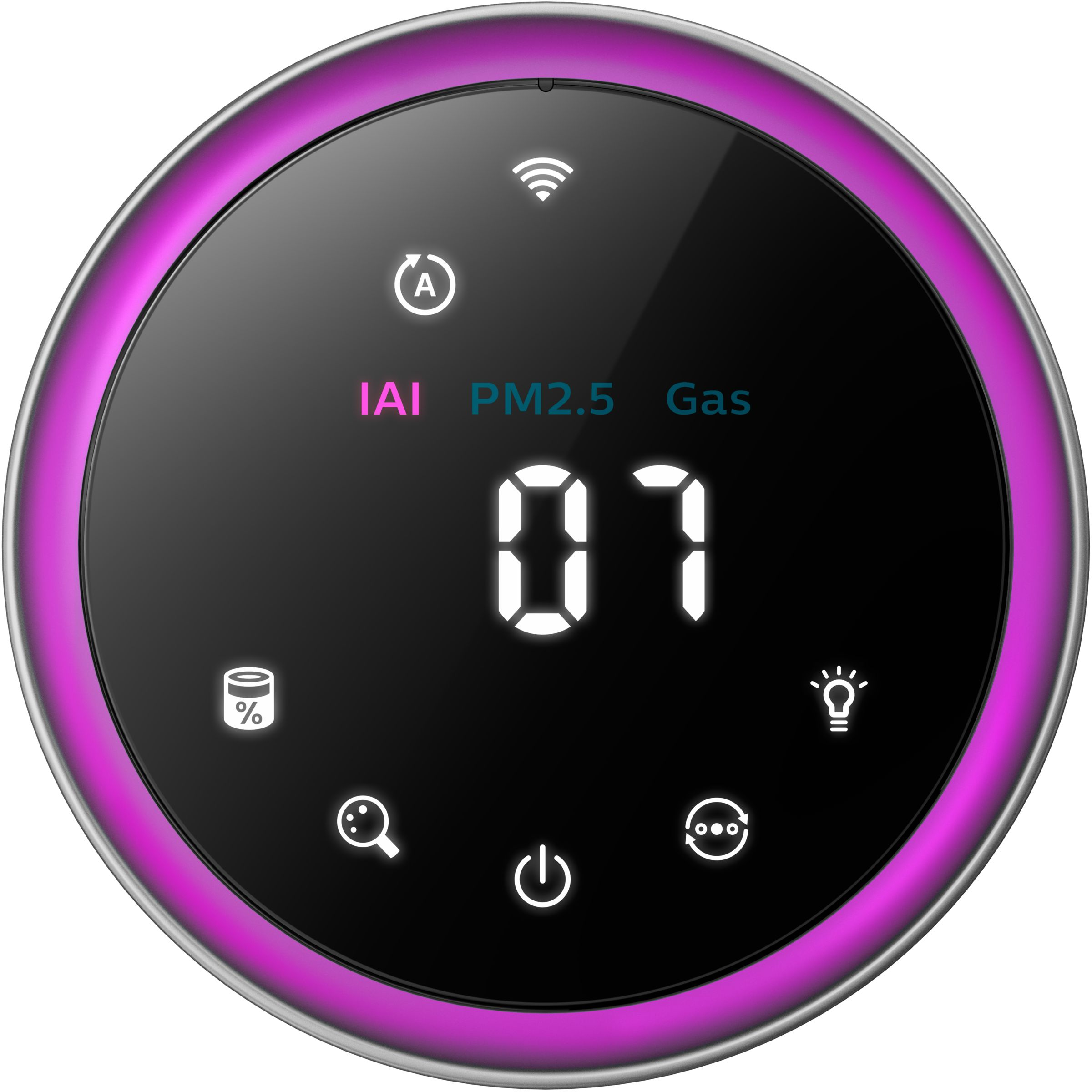 IAI, PM2.5, Gaz ve bir sayı gösteren yuvarlak cihaz ekranı.